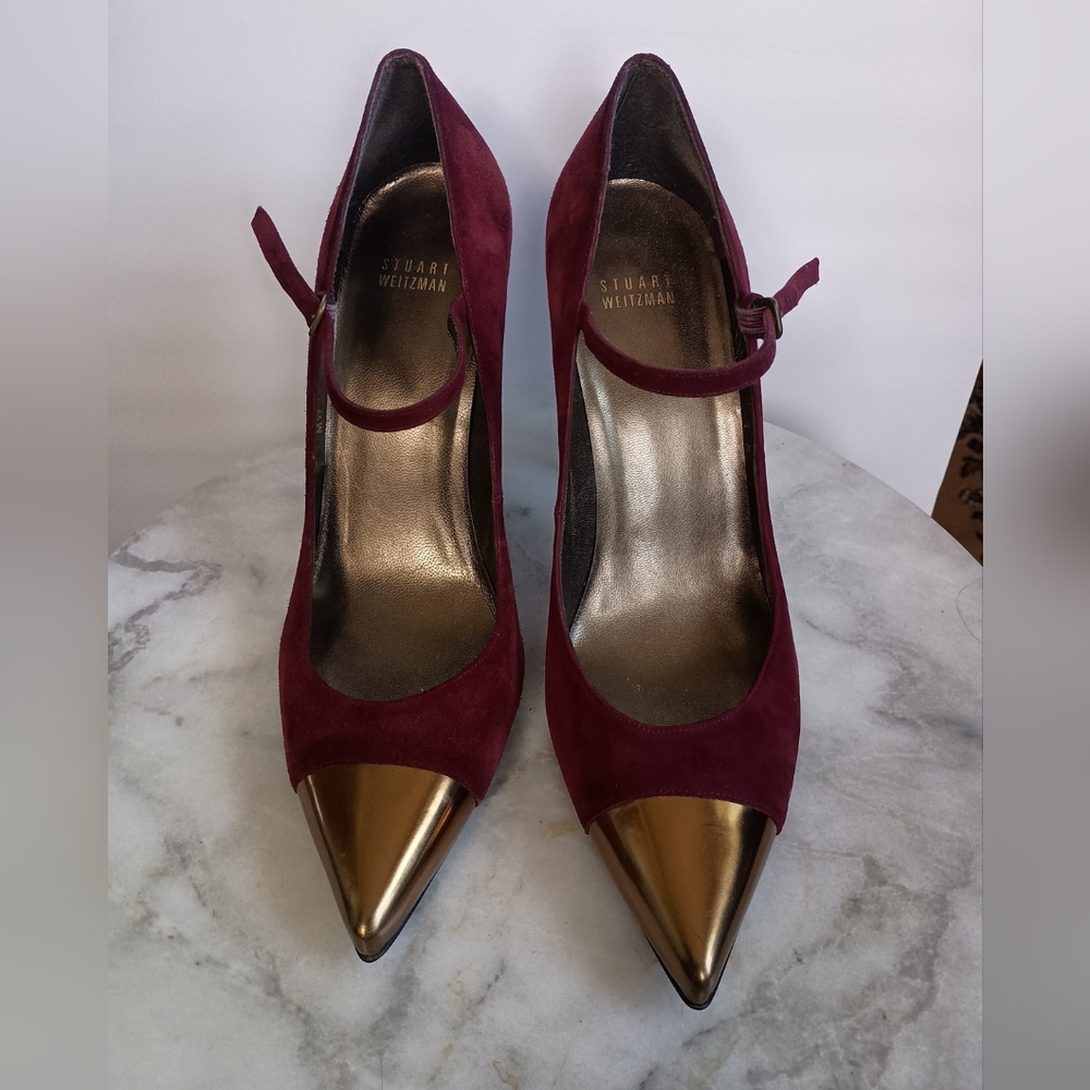 Stuart Weitzman Maroon Red Suede Pointed Gold Cap Toe Pump Heels Size 10.5 Wine